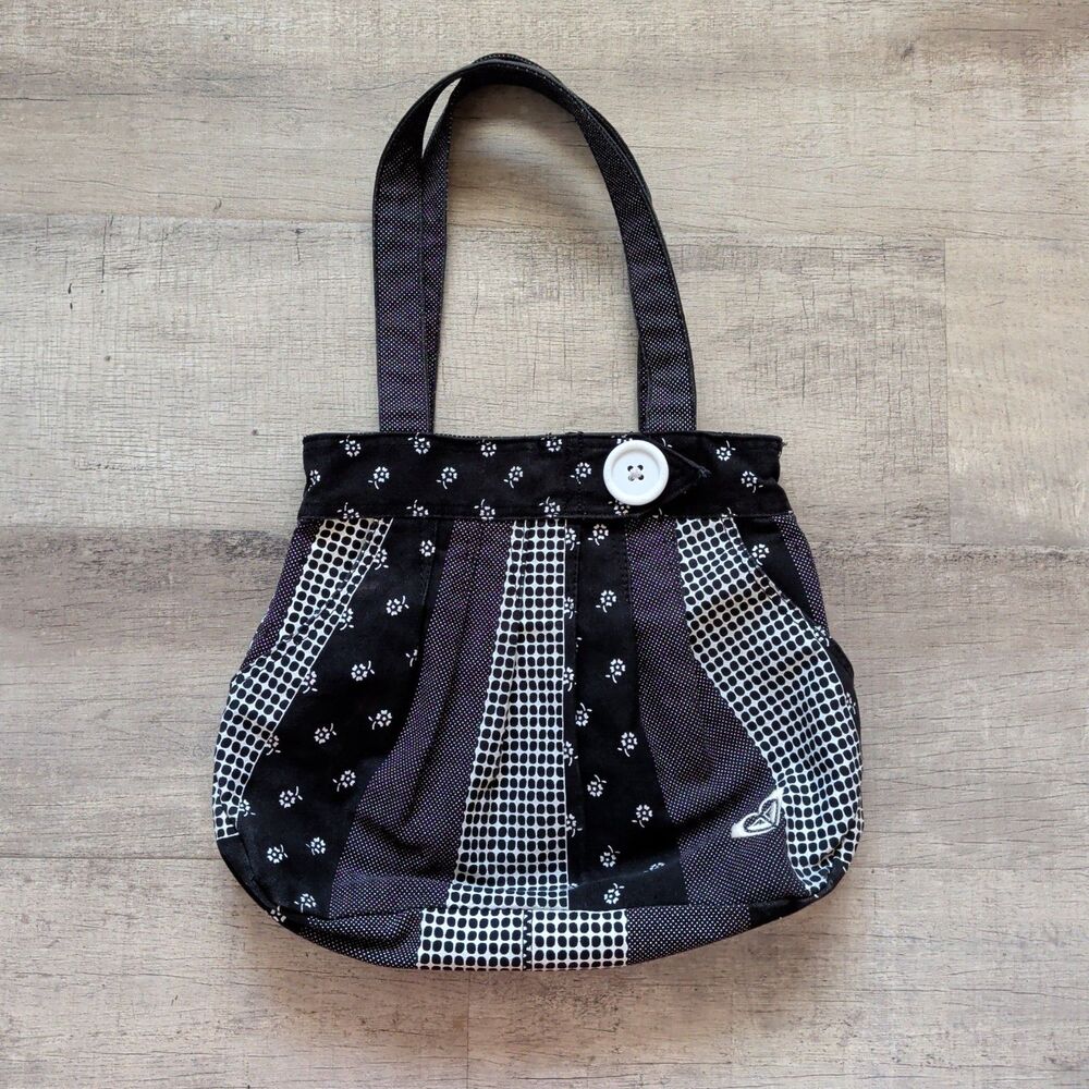 ​Vintage Roxy Black White Floral Polka Dot Patchwork Tote Bag PurseCotton